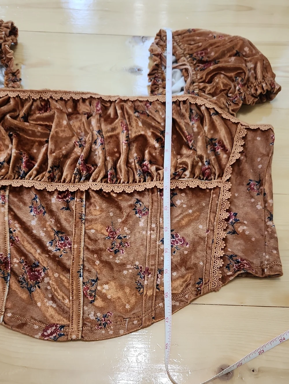 Free People Velvet Floral Milkmaid Corset Crop Top Honey Bronze L EUC